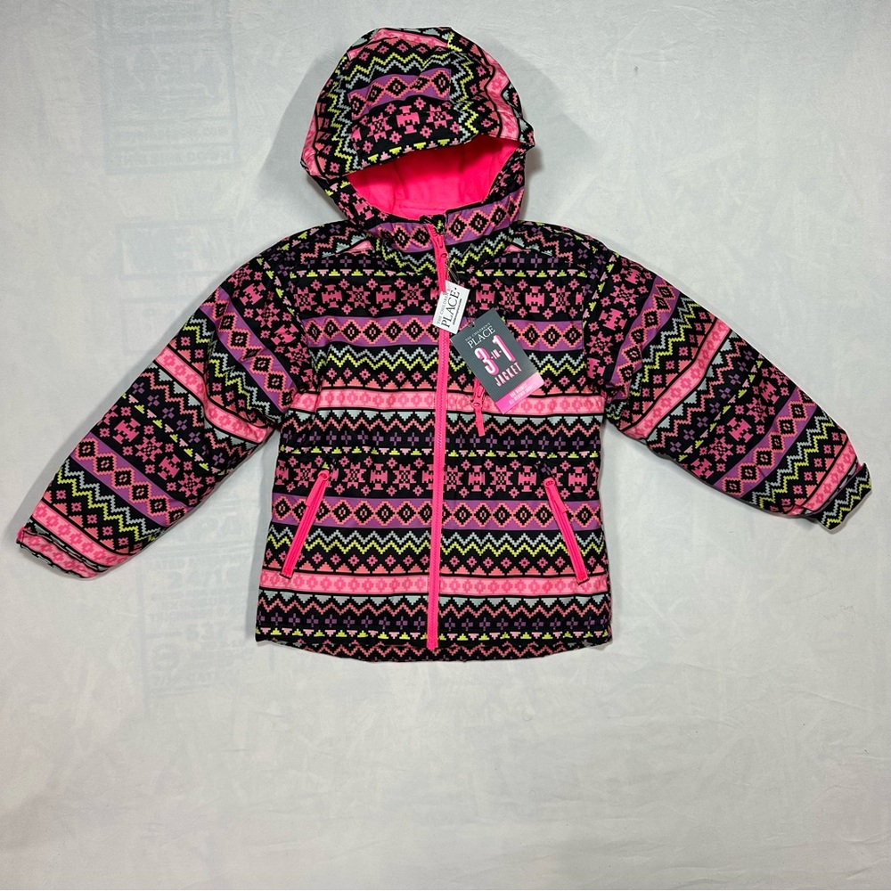 NWT The Children's Place 3 in 1 Pink and Black neon Geometric Jacket Small 5/6